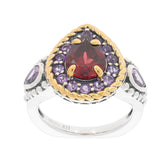 Pear red garnet sterling silver ring with amethyst accents, featuring a bold design and intricate detailing.